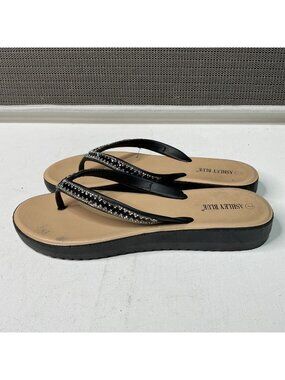 Ashley Blue Rhinestone-Accented Black Flip Flop Sandals Size 7 Comfortable Wedge